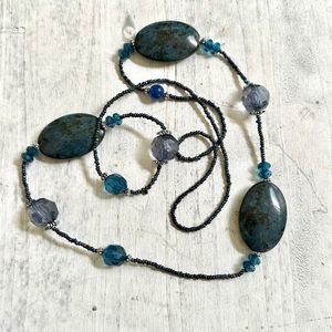 Long blue beaded necklace